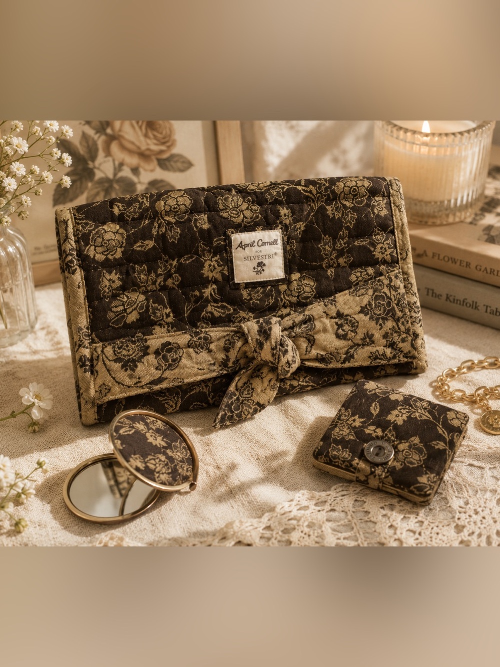 April Cornell Quilted Floral Clutch & Mirror Set Cottagecore Vintage Boho